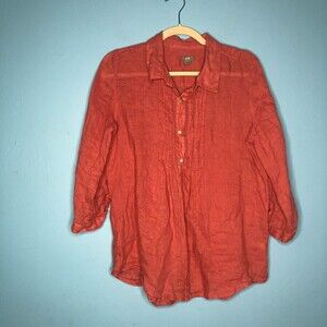 J Jill Button Front Shirt Womens Small Pink 100% Linen Roll Tab Sleeve Casual